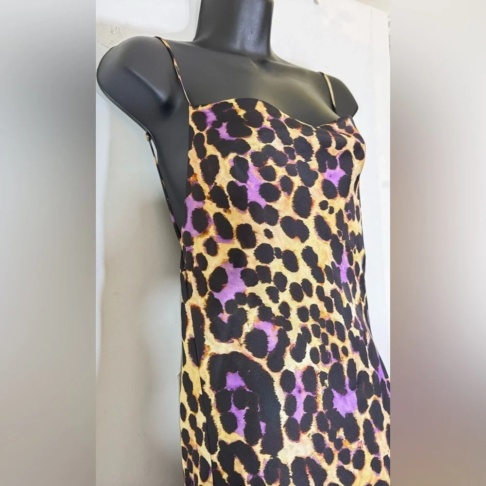 Zara Satin Effect Leopard Purple Slip Spaghetti Strap Midi Dress | Size S